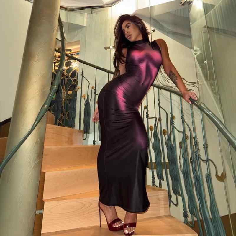 ワンピース レディース 3Dプリント ノースリーブ タイト セクシー スタイル ストレッチ ロングワンピース 包臀 膝下丈 ポリエステル アパレル ストリート 普段使い