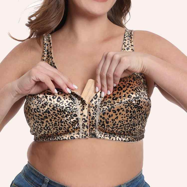 ブラジャー レディース 薄型 動物柄 ヒョウ柄 大きいサイズ 前開き ノンワイヤー フルカップ 寄せ上げ(..