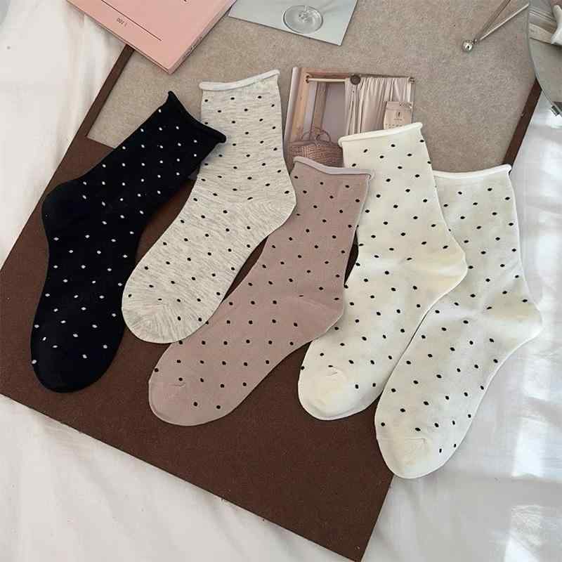 靴下 レディース 韓国 かわいい スイート ガーリー 波ドット ミドル丈 コットン 防臭 吸汗 摩擦保護 カジュアル 婦人 200N ブラック グレー ベージュ ホワイト系