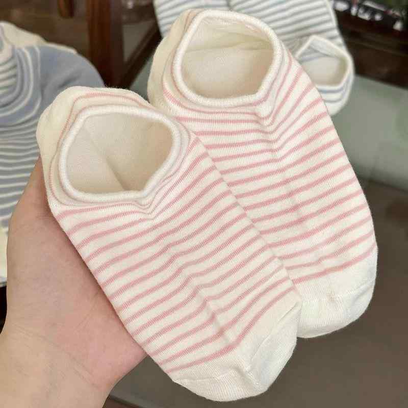 靴下 レディース シリコン滑り止め付き スニーカーソックス 浅履き 脱げにくい ストライプ柄 ポリエステル混紡 短い カジュアル ピンク系 ブルーストライプ ブルー イエロー ライトグリーン カーキ 春夏(x10)