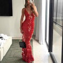 ワンピース レディース ローネック ホルターネック 背中開き スパンコール ロング丈 魚尾 高見え ポリエステル 赤 レッド パーティードレス キャミソールワンピース