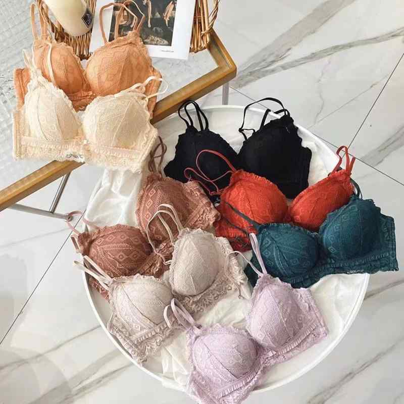 ブラジャー レディース 小胸 厚手 パッド バストアップ 寄せ上げ レース 美背 無縫製 ノンワイヤー 3/4..