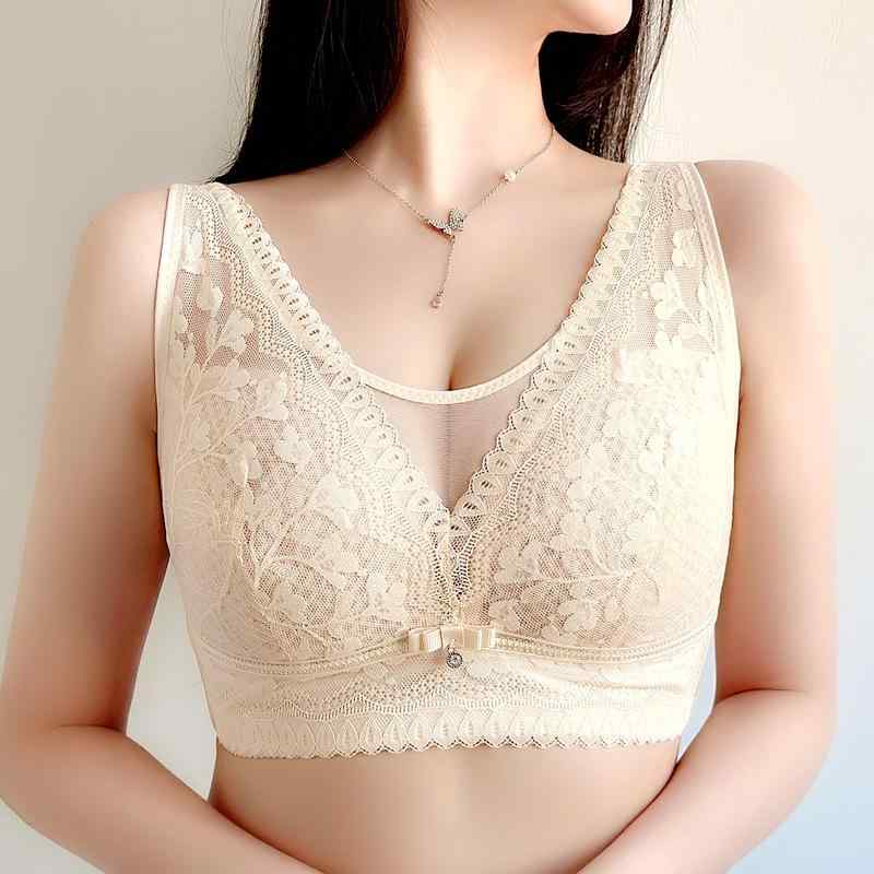 ブラジャー レディース 3/4カップ 薄型 通気性 快適 調整型 大胸 小さく見せる 脇高 レース 綿 蓮色 茶..