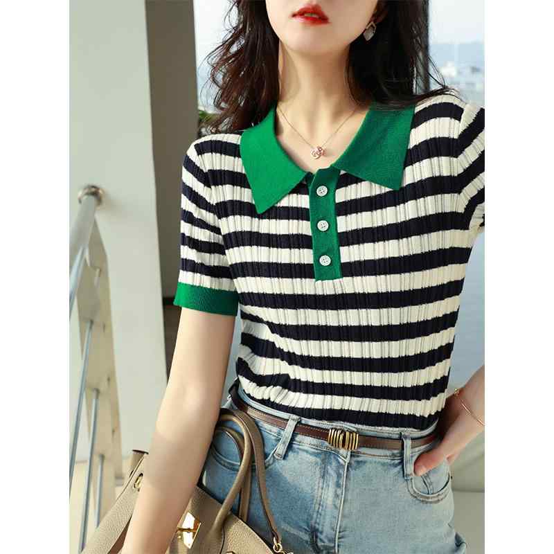ニット レディース 春夏 ボーダー 配色 Polo襟 羊毛混紡 五分袖 トップス プルオーバー カジュアル 修身 グリーン レッド系