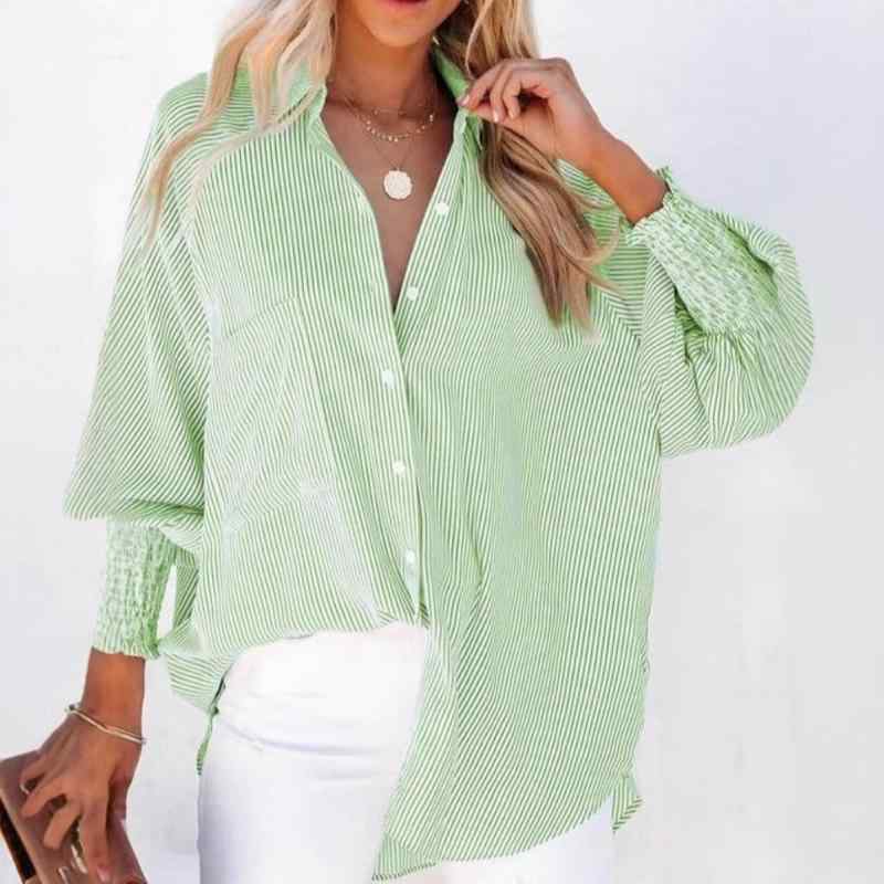 シャツ レディース ストライプ柄 襟付き 長袖 ポリエステル ゆったりサイズ 大きめサイズ 黄色 イエロー系 グリーン カーキ ポケット付き(x2)