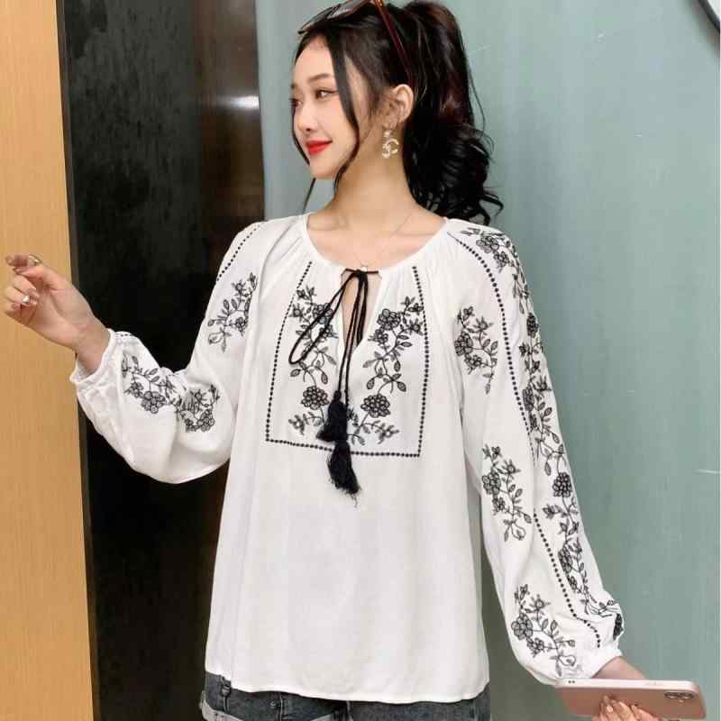 シャツ レディース フレンチスタイル ヨーロピアン 刺繍 ラウンドネック 春秋 ゆったり スリム見え ド..