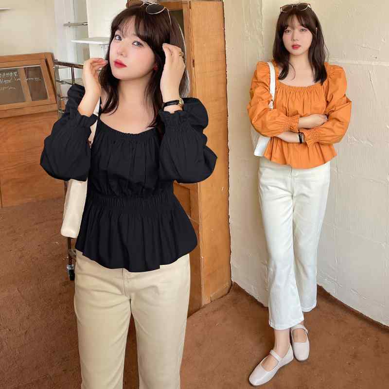 ブラウス レディース 大きいサイズ ゆったり ぽっちゃり バブルスリーブ コットン トップス 無地 クラ..