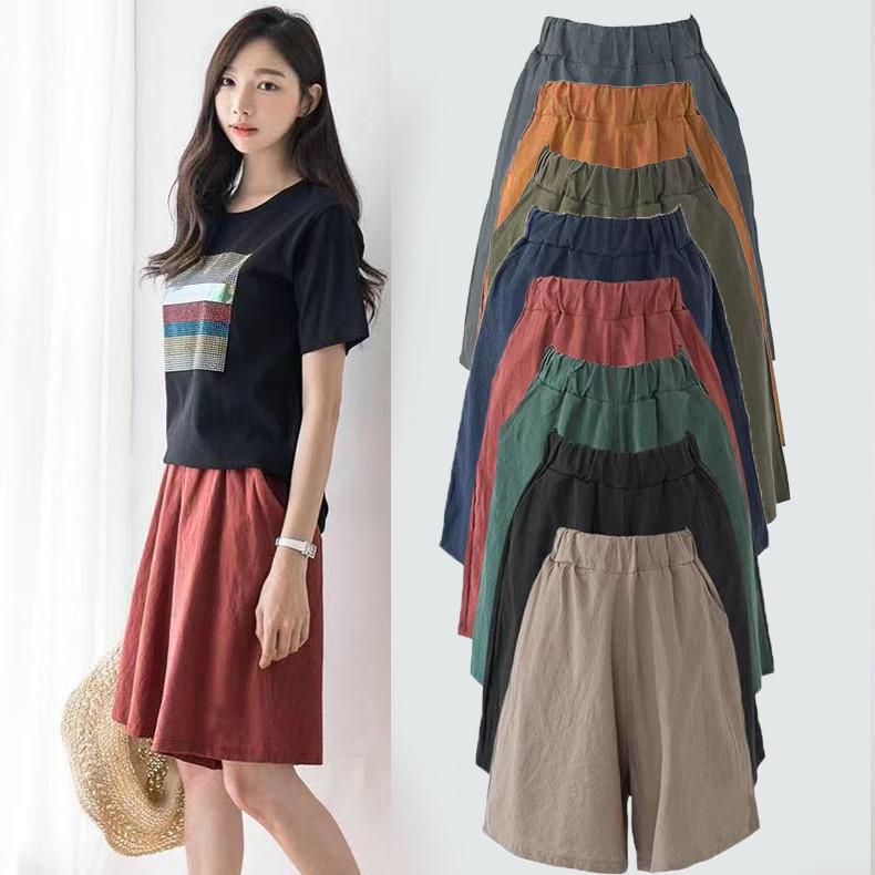 ハーフパンツ レディース 大きいサイズ 綿麻 ワイドレッグ 100kg対応 ゆったりサイズ ゴムウエスト カ..