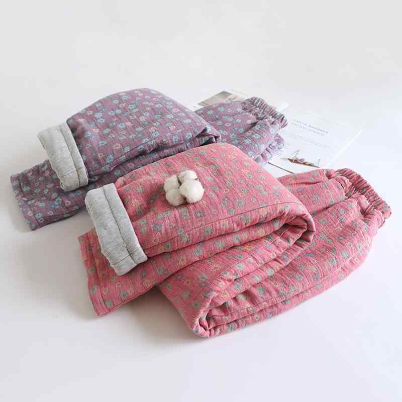 綿パンツ レディース 中老年 あったか 保温 厚手 ストレート 文芸風 レトロ ホームパンツ ルームパンツ コットン ピンク系 パープル系