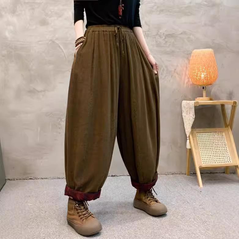 パンツ レディース 亜麻 リネン ワイド ハーレムパンツ 文芸復古 ドローストリング ゴムウエスト ゆったり 体型カバー 厚手 あったか 暖パン ズボン 秋冬 ブラック 黒 ブラウン 茶色 グリーン 緑(x2)
