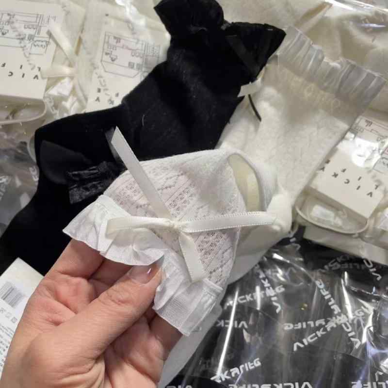 靴下 レディース 薄型 無地 黒 白 精梳綿 メッシュ レース リボン フレンチ ミドル丈 吸汗 防臭 夏(x10)
