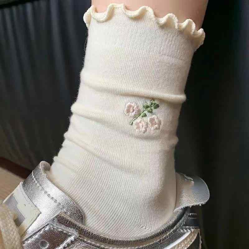 靴下 レディース 薄手 無地 ロールエッジ かわいい 花柄 レース編み ミドル丈 ソックス 3足セット 6足セット ポリエステル 綿 春夏 パステルカラー(4)