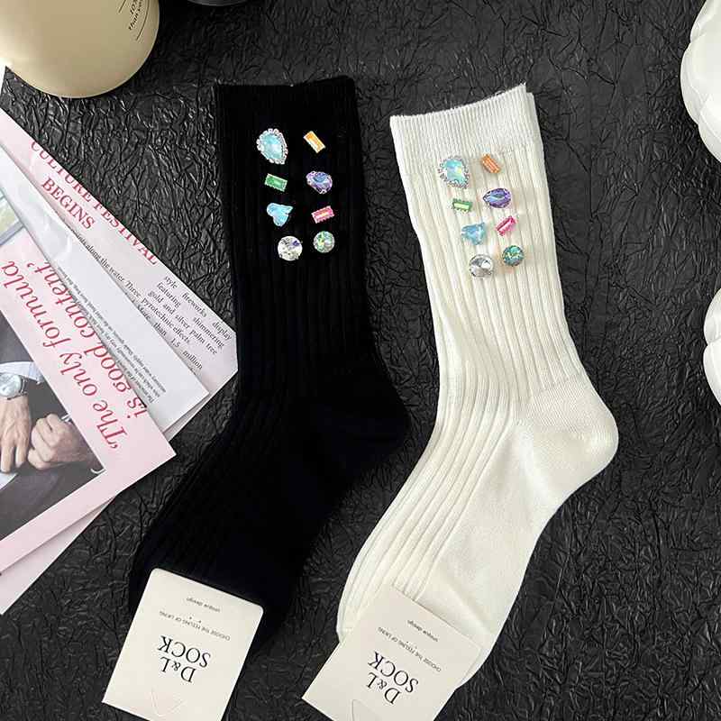 靴下 レディース 秋冬 クルー丈 ソックス コットン カジュアル ゆったり かわいい ドリル 白 黒