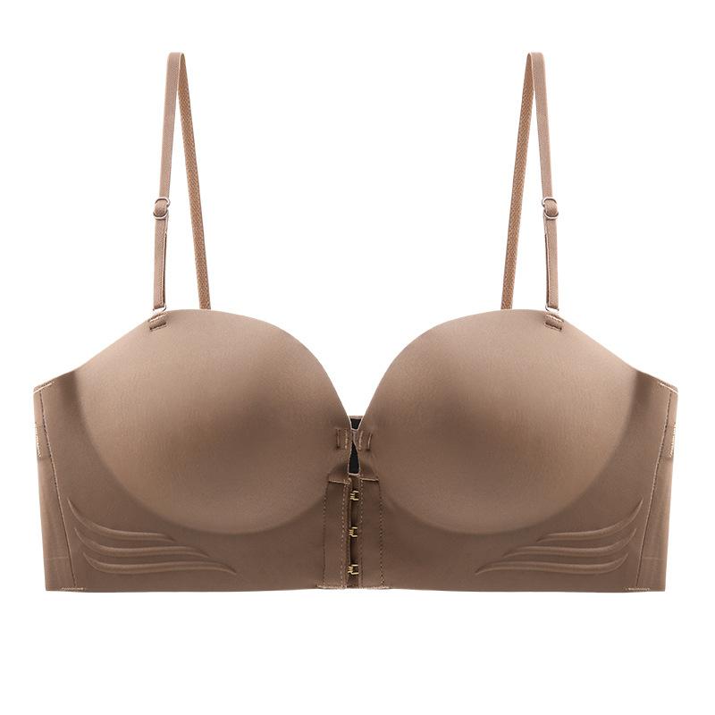 ブラジャー レディース 前開き ノンワイヤー 1/2カップ 厚手 パッド ストラップレス チューブトップ ず..
