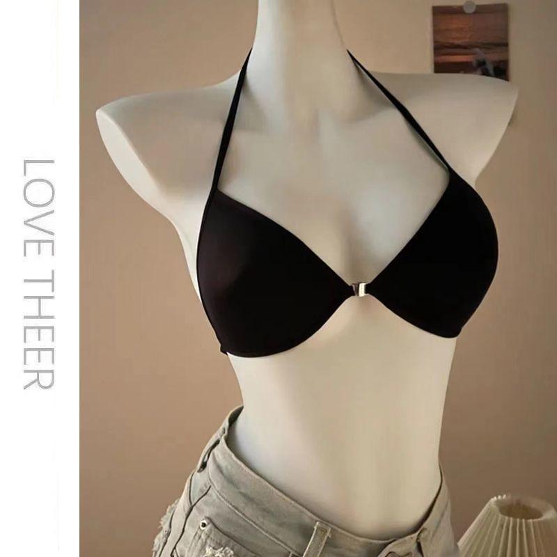 ブラジャー レディース 前開き クロス ホルターネック 美背 薄手 細ストラップ ワイヤーレス シームレ..