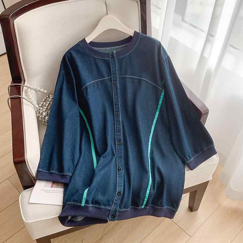 デニムシャツ レディース 大きいサイズ 水洗デニム ラウンドネック 5分袖 トップス ブルー系 コットン 日韓スタイル 快適 普段使い