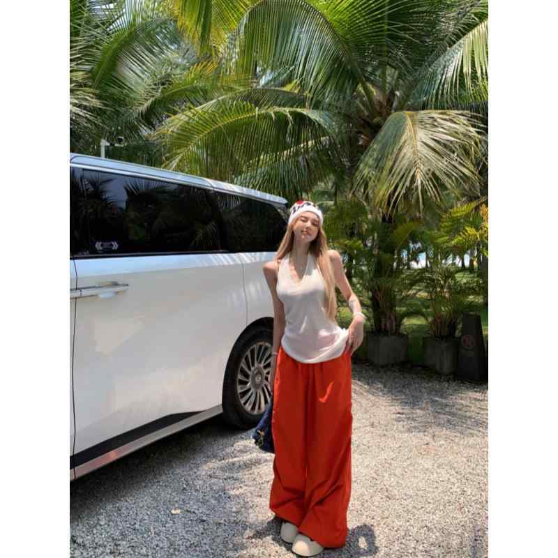 トップス レディース マイクロシースルー ホルターネック へそ出し 背中開き キャミソール カーゴパンツ 春夏 ストリート 女性用