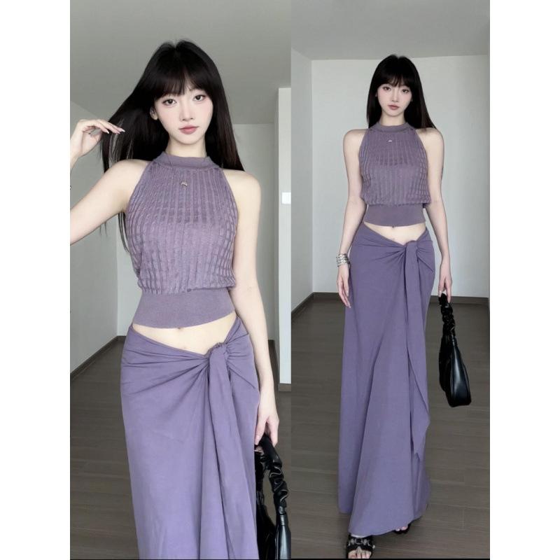 ワンピース レディース 紫色 ノースリーブ タンクトップ ミニスカート ロングスカート セットアップ アクリル 街頭 伸縮性 花びら袖 荷葉襟