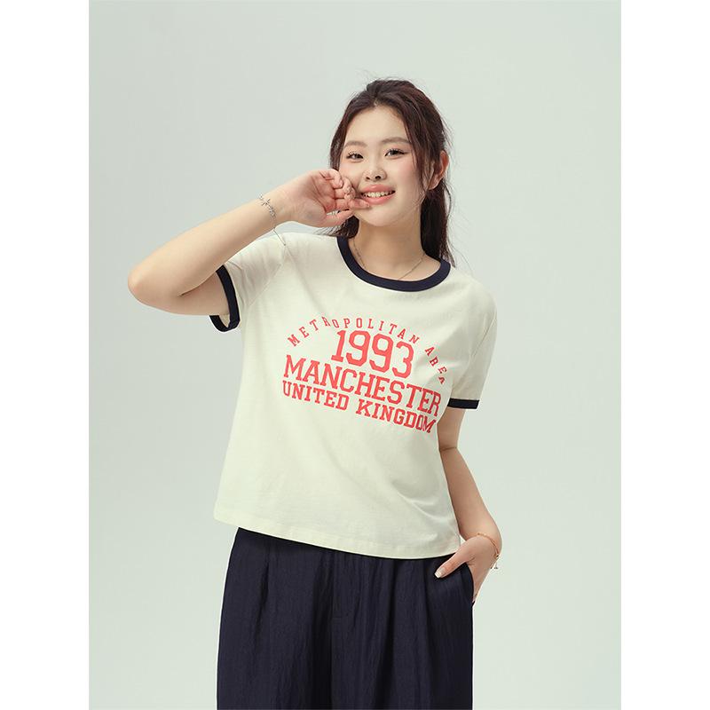 Tシャツ レディース 大きいサイズ ゆったり アルファベット柄 プリント 綿混紡 ドロップショルダー 半袖 ラウンドネック プルオーバー 杏色 カジュアル 普段使い