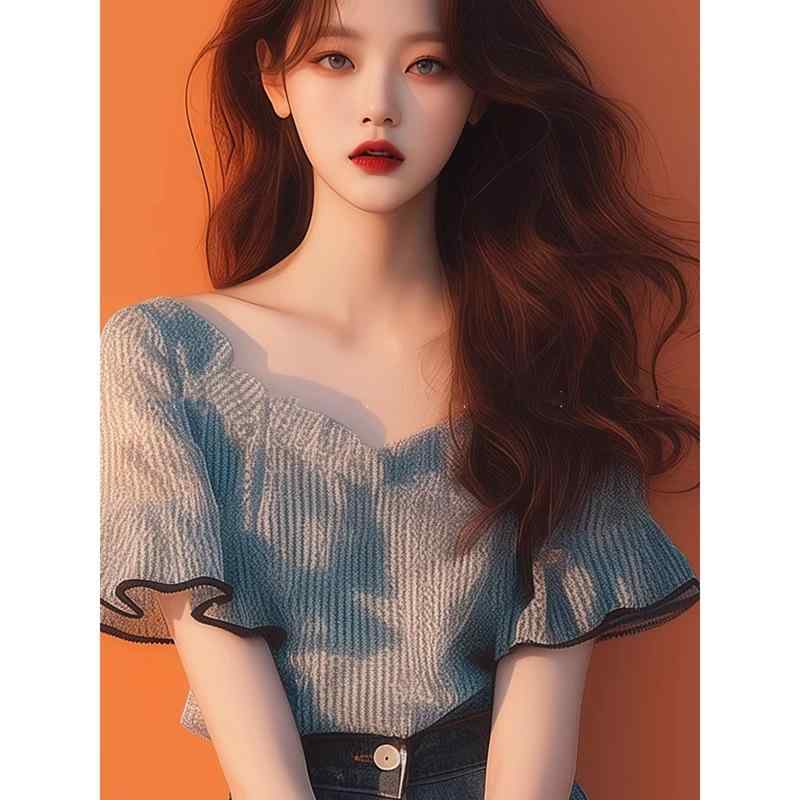 シャツ レディース Vネック 雪紡（シフォン）ブラウス トップス 半袖 5分袖 ポリエステル グリーン かわいい ゆったり 日韓風 カジュア..