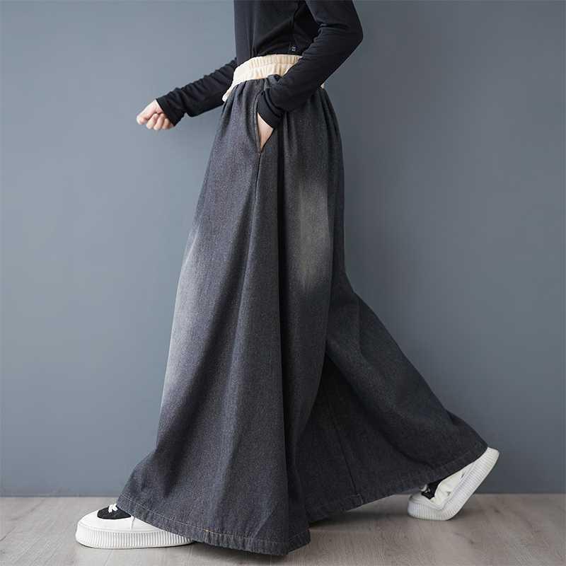 デニム レディース ワイドパンツ 高腰 コットン ゆったり ジーパン ズボン ブラック ブルー系 大きいサイズ ウエストゴム 韓国 カジュアル(x2)