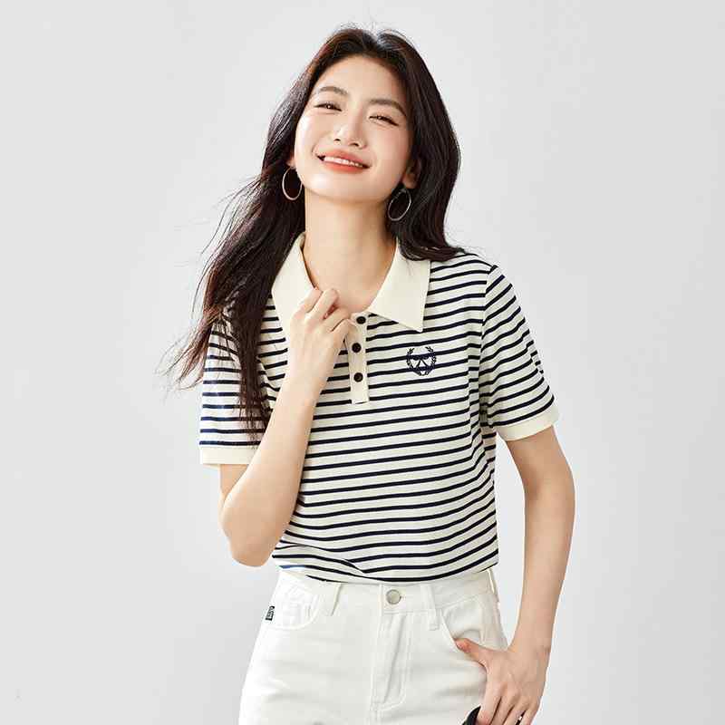 Tシャツ レディース ストライプ柄 ニット トップス カジュアル 春夏 杏色 ワインレッド 学院風