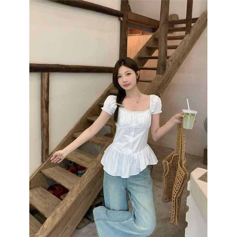 シャツ レディース 大きいサイズ フレンチ スクエアネック パフスリーブ 不規則 ポリエステル 無地 薄手 通勤 ブラック ホワイト L XL 2XL 3XL 4XL