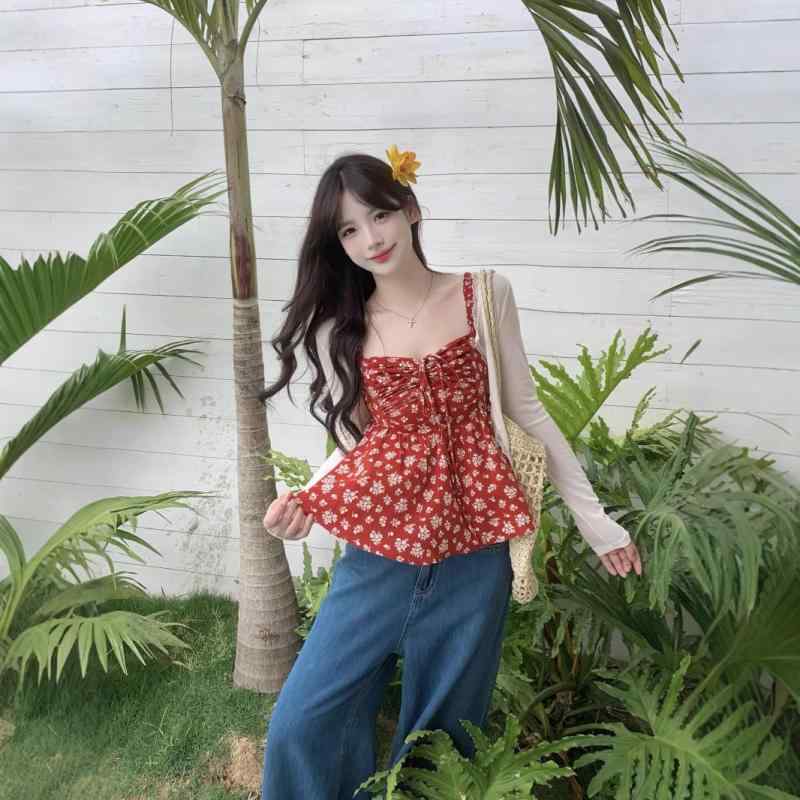 アンサンブル レディース 大きいサイズ 韓国 花柄 キャミソール レース 切り替え カーディガン 2点セット ポリエステル 薄手 普段使い 通勤