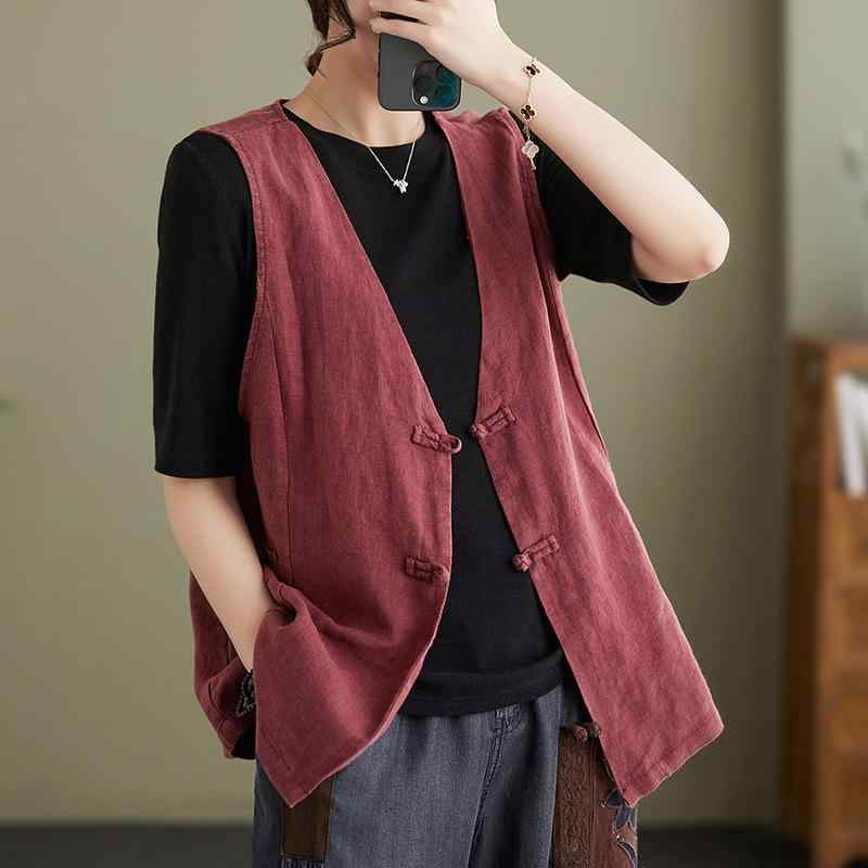 ベスト レディース 綿麻 Vネック ゆったり 着痩せ ママ ミセス レトロ ポケット付き 切り替え 裏地なし..