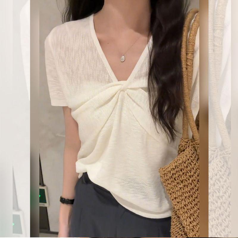 Tシャツ レディース 半袖 ニット Vネック 無地 細見え スタイルアップ トップス カットソー 春夏 ブルー ブラック ホワイト系