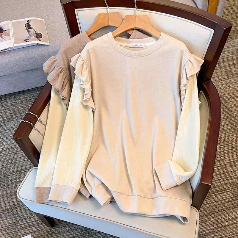 トップス レディース 大きいサイズ ラウンドネック ゆったり 長袖 コットン ドロップショルダー カーキ アプリコット 2XL 3XL 4XL 5XL 6XL(x2)