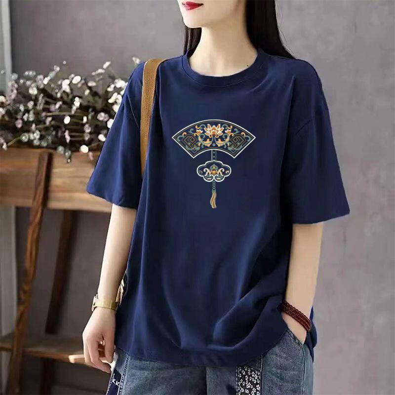 Tシャツ レディース トップス 半袖 ラウンドネック プリント ゆったり 薄手 プルオーバー カットソー ポリエステル 日韓スタイル カジュアル ベージュ系 グレー系