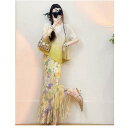 セットアップ レディース トップス & スカート ティアード フリル ギャザー 半袖 膝丈 ポリエステル イエロー 黄色系 グラデーション ふんわり かわいい カジュアル