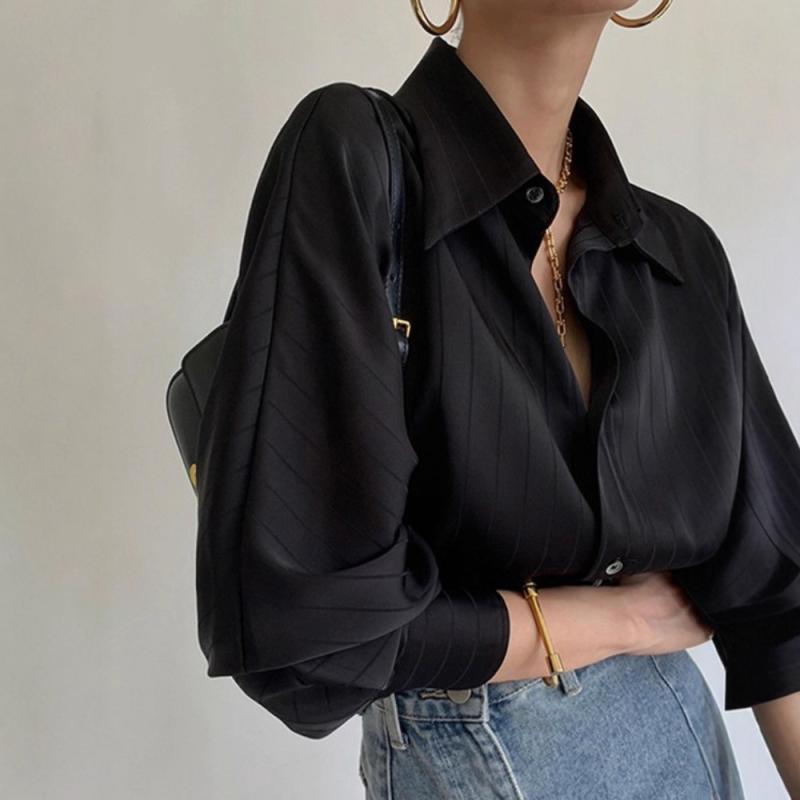 シャツ レディース 黒 緞子 ストライプ柄 トップス 長袖 ポロ襟 春秋 薄手 韓国 カジュアル 通勤