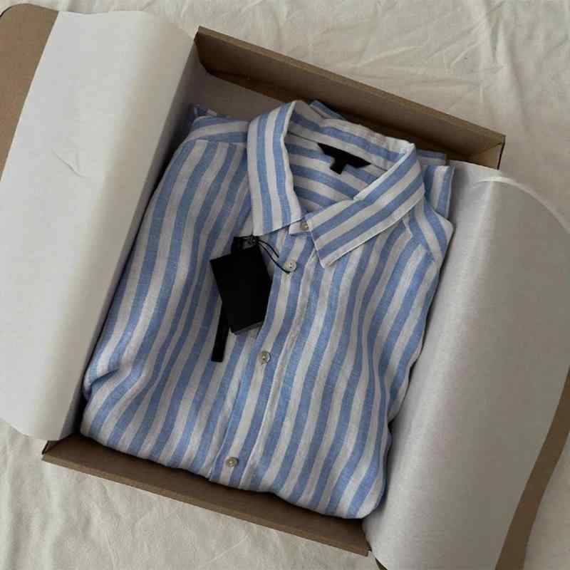 シャツ レディース ブルー ストライプ 高支 リネン 麻 トップス 春夏 日韓 カジュアル スタイル 雪尼ール