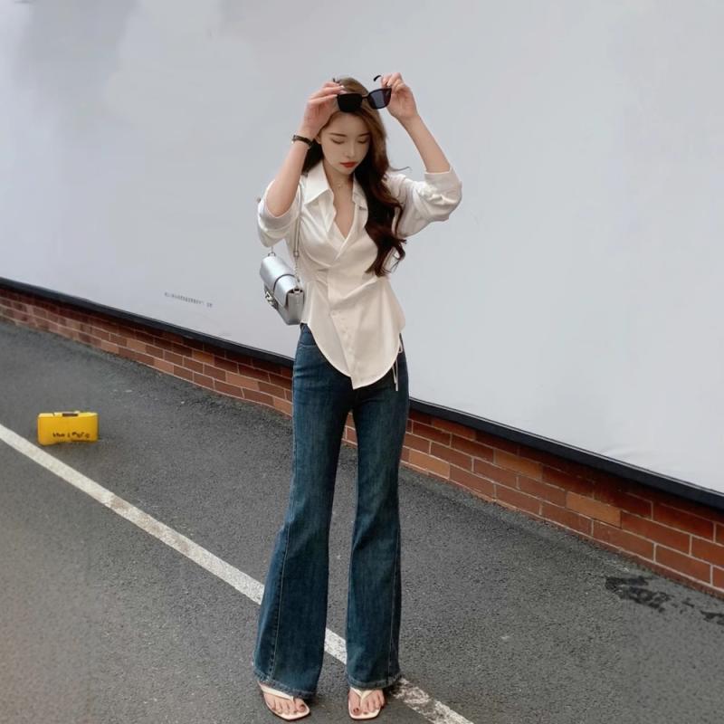 シャツ レディース 長袖 白 無地 POLO襟 ポリエステル 不規則型 日韓 カジュアル トップス 春秋