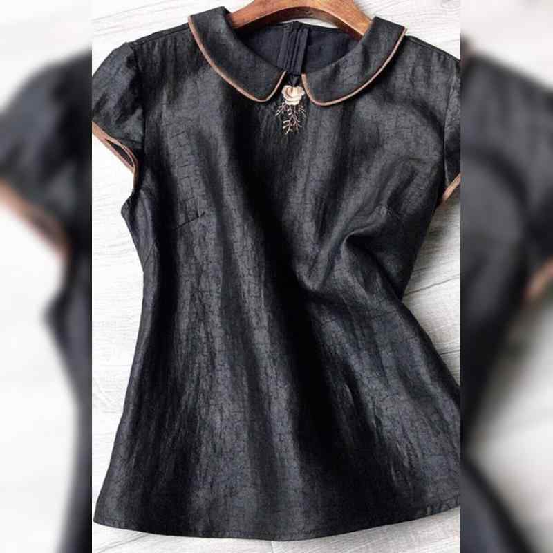 Tシャツ レディース 半袖 夏物 トップス 香雲紗 中華風 春秋物 カットソー L XL 2XL 3XL 4XL ブラック きれいめ カジュアル