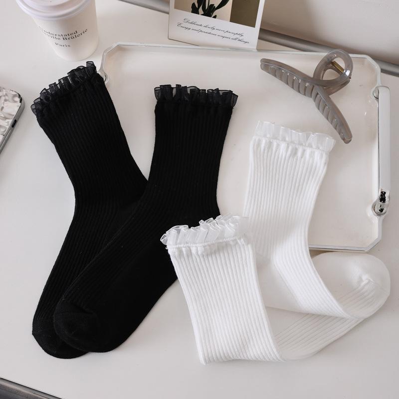 靴下 レディース レース 花柄 白 黒 中筒 防臭 吸汗 ロリータ JK 春夏