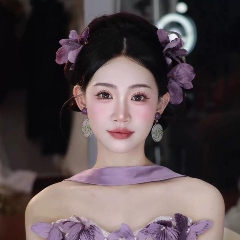楽天ブリルビイヤリング レディース 豪華感 花 小鳥 パール 中国風 チャイナドレス 和装 ゆかた パーティー 結婚式 紫色 パープル