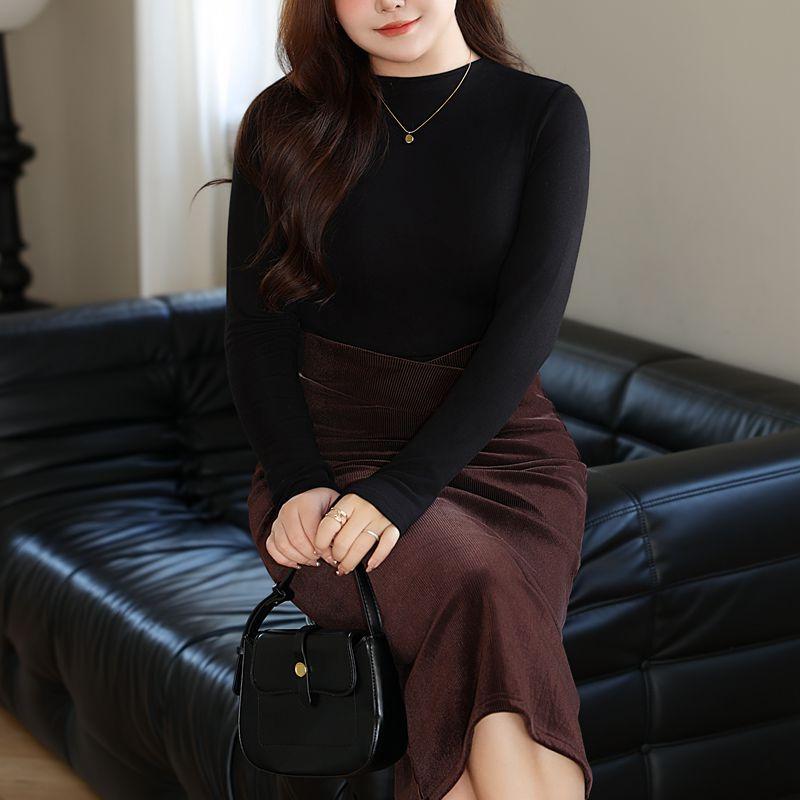 Tシャツ レディース 大きいサイズ フリース ハイネック トップス カットソー サイドギャザー ブラック ..