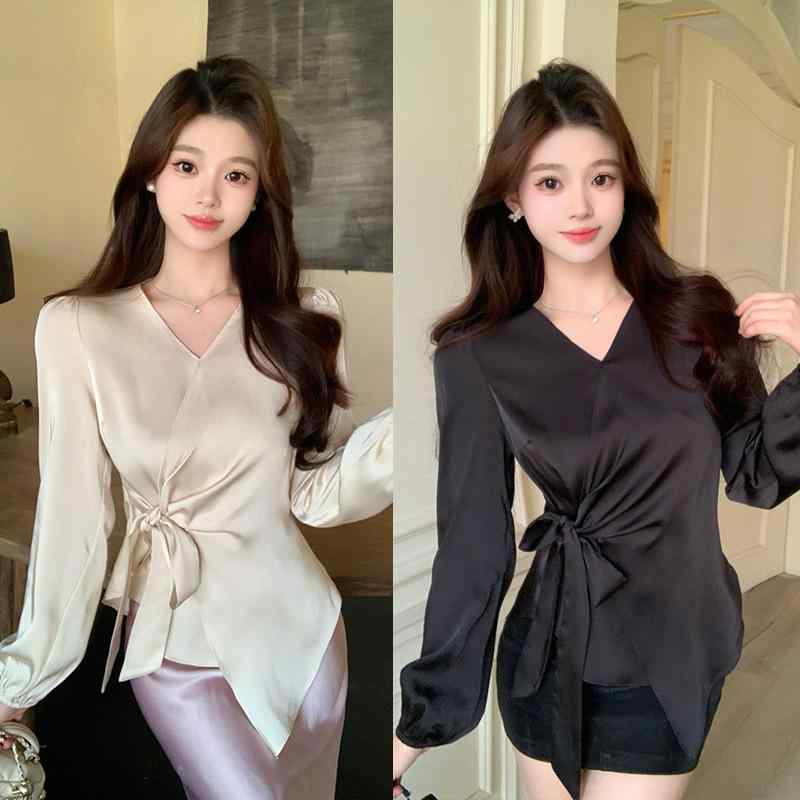 シャツ レディース 大きいサイズ ゆったり クロスネック リボン ポリエステル トップス 香檳色 黒 L XL 2XL 3XL 4XL