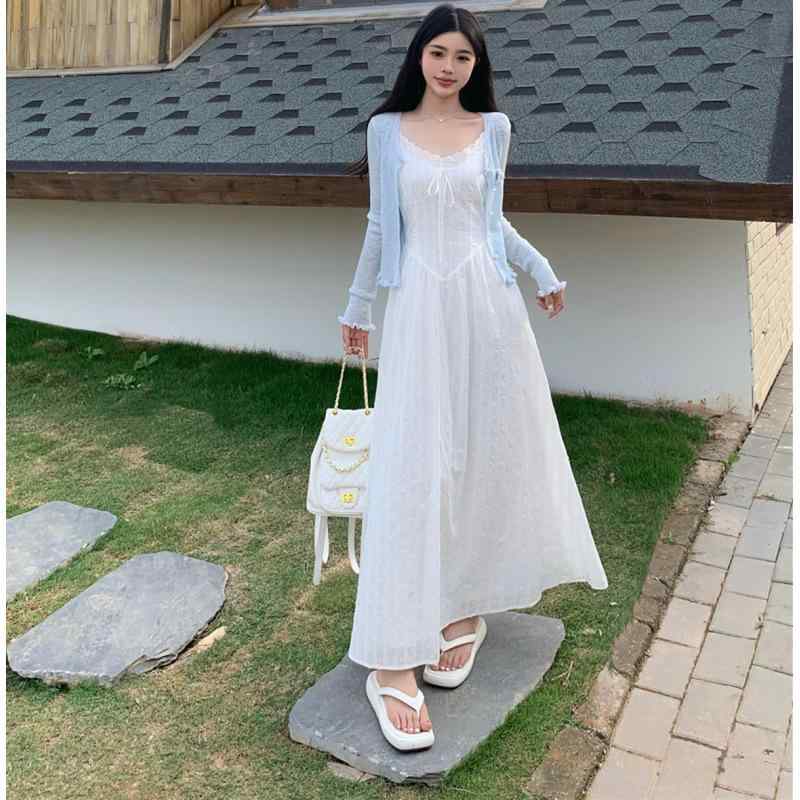 ワンピース レディース 韓国 气质 清楚 ロング丈 夏 キャミソールワンピース ブルー ニット カーディガン 花柄 紫外線対策 日焼け防止 大きいサイズ