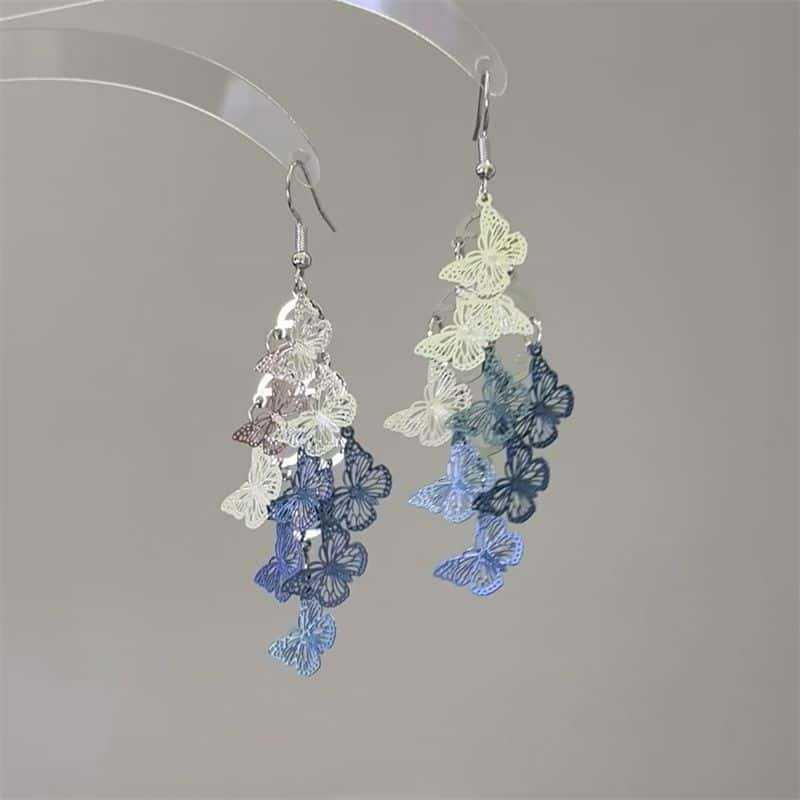 耳飾り レディース メンズ シルバー ブルー 蝶 バタフライ ドロップ レトロ ヴィンテージ イヤリング