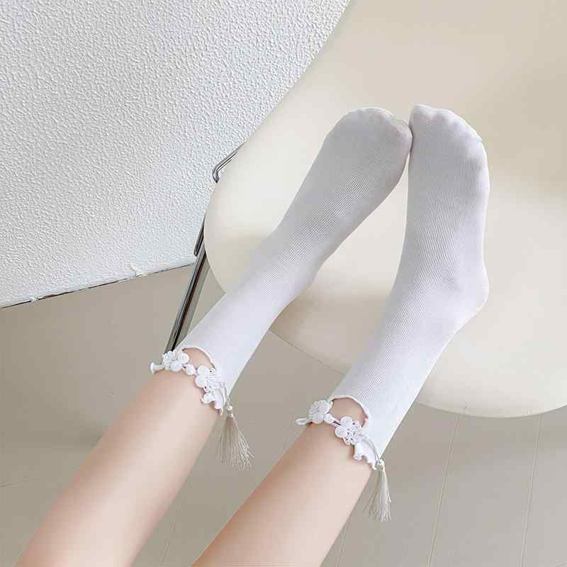 靴下 レディース 春夏 薄手 個性的 かわいい 中華風 チャイナ風 盤扣飾り タッセル付き 中筒 コットン ..