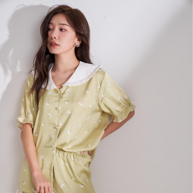 パジャマ レディース セットアップ 接触冷感 ルームウェア 長袖 長ズボン 上下セット ポリエステル繊維 薄手 襟付き 春夏 部屋着 寝間着 リラックスウェア 普段使い かわいい M L XL