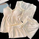 パジャマ レディース 4点セット 春秋 長袖 レース 花柄 前開き かわいい 家着 ルームウェア 豪華感 綿 薄手 ベージュ グリーン