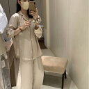 パジャマ レディース 早秋 快適 V字ネック 長袖 長ズボン 上下セット ルームウェア ポリエステル混紡 部屋着 リラックスウェア(x2)