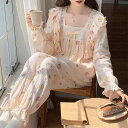 パジャマ レディース 長袖 春秋 泡泡コットン レース 花柄 かわいい 姫系 ルームウェア 上下セット 部屋着 寝巻き ポリエステル