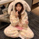 パジャマ レディース かわいい ウサギ耳 サンゴフリース ルームウェア 上下セット 厚手 暖かい 秋冬 部屋着 長袖 長ズボン ポリエステル カラフル 水玉 M...