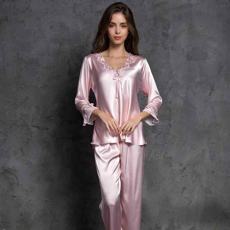 パジャマ レディース 春秋 薄手 長袖 レース サテン風 寝巻き ルームウェア セットアップ 部屋着 ピンク系(x3)